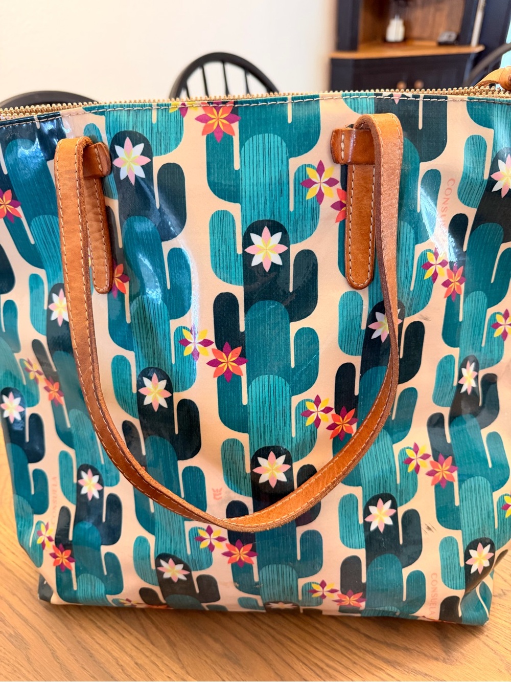 Consuela Teal Cactus Print Tote with Brown Handles